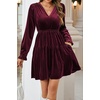 image:imageRVivimos Womens Fall Velvet Mini Dress V Neck Long Sleeve Elastic Waist Winter Tiered Flowy Swing ALine Dress with PocketsBurgundy