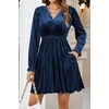 image:imageRVivimos Womens Fall Velvet Mini Dress V Neck Long Sleeve Elastic Waist Winter Tiered Flowy Swing ALine Dress with PocketsNavy Blue