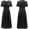image:imageRVivimos Womens Fall Winter Velvet Dress Puff Sleeve Sexy Deep V Neck Elastic High Waist ALine Elegant Casual Midi DressBlack