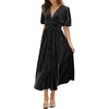 image:imageRVivimos Womens Fall Winter Velvet Dress Puff Sleeve Sexy Deep V Neck Elastic High Waist ALine Elegant Casual Midi DressBlack
