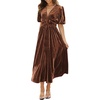 image:imageRVivimos Womens Fall Winter Velvet Dress Puff Sleeve Sexy Deep V Neck Elastic High Waist ALine Elegant Casual Midi DressBrown