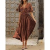 image:imageRVivimos Womens Fall Winter Velvet Dress Puff Sleeve Sexy Deep V Neck Elastic High Waist ALine Elegant Casual Midi DressBrown