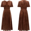 image:imageRVivimos Womens Fall Winter Velvet Dress Puff Sleeve Sexy Deep V Neck Elastic High Waist ALine Elegant Casual Midi DressBrown