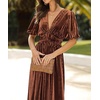 image:imageRVivimos Womens Fall Winter Velvet Dress Puff Sleeve Sexy Deep V Neck Elastic High Waist ALine Elegant Casual Midi DressBrown