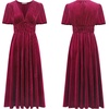 image:imageRVivimos Womens Fall Winter Velvet Dress Puff Sleeve Sexy Deep V Neck Elastic High Waist ALine Elegant Casual Midi DressBurgundy