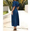 image:imageRVivimos Womens Fall Winter Velvet Dress Puff Sleeve Sexy Deep V Neck Elastic High Waist ALine Elegant Casual Midi DressDark Blue