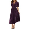 image:imageRVivimos Womens Fall Winter Velvet Dress Puff Sleeve Sexy Deep V Neck Elastic High Waist ALine Elegant Casual Midi DressDark Purple