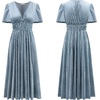 image:imageRVivimos Womens Fall Winter Velvet Dress Puff Sleeve Sexy Deep V Neck Elastic High Waist ALine Elegant Casual Midi DressDusty Blue