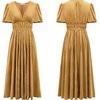 image:imageRVivimos Womens Fall Winter Velvet Dress Puff Sleeve Sexy Deep V Neck Elastic High Waist ALine Elegant Casual Midi DressGold