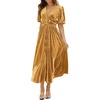 image:imageRVivimos Womens Fall Winter Velvet Dress Puff Sleeve Sexy Deep V Neck Elastic High Waist ALine Elegant Casual Midi DressGold