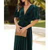 image:imageRVivimos Womens Fall Winter Velvet Dress Puff Sleeve Sexy Deep V Neck Elastic High Waist ALine Elegant Casual Midi DressGreen
