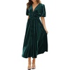 image:imageRVivimos Womens Fall Winter Velvet Dress Puff Sleeve Sexy Deep V Neck Elastic High Waist ALine Elegant Casual Midi DressGreen