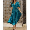 image:imageRVivimos Womens Fall Winter Velvet Dress Puff Sleeve Sexy Deep V Neck Elastic High Waist ALine Elegant Casual Midi DressTeal