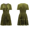 image:imageRVivimos Womens Fall Winter Vintage Casual Dresses Velvet Short Sleeve V Neck Elastic Waist Tiered Flowy Swing Mini DressArmygreen