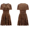 image:imageRVivimos Womens Fall Winter Vintage Casual Dresses Velvet Short Sleeve V Neck Elastic Waist Tiered Flowy Swing Mini DressBrown