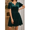 image:imageRVivimos Womens Fall Winter Vintage Casual Dresses Velvet Short Sleeve V Neck Elastic Waist Tiered Flowy Swing Mini DressDark Green