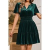 image:imageRVivimos Womens Fall Winter Vintage Casual Dresses Velvet Short Sleeve V Neck Elastic Waist Tiered Flowy Swing Mini DressDark Green