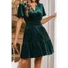 image:imageRVivimos Womens Fall Winter Vintage Casual Dresses Velvet Short Sleeve V Neck Elastic Waist Tiered Flowy Swing Mini DressDark Green