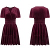 image:imageRVivimos Womens Fall Winter Vintage Casual Dresses Velvet Short Sleeve V Neck Elastic Waist Tiered Flowy Swing Mini DressWinered