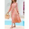 image:imageRVivimos Womens Long Sleeve Boho Midi Dress V Neck Floral Print Casual Button Down Loose Ruffle Beach Long Dress with BeltApricot