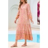 image:imageRVivimos Womens Long Sleeve Boho Midi Dress V Neck Floral Print Casual Button Down Loose Ruffle Beach Long Dress with BeltApricot