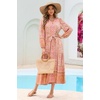 image:imageRVivimos Womens Long Sleeve Boho Midi Dress V Neck Floral Print Casual Button Down Loose Ruffle Beach Long Dress with BeltApricot