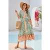 image:imageRVivimos Womens Long Sleeve Boho Midi Dress V Neck Floral Print Casual Button Down Loose Ruffle Beach Long Dress with BeltAqua