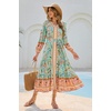 image:imageRVivimos Womens Long Sleeve Boho Midi Dress V Neck Floral Print Casual Button Down Loose Ruffle Beach Long Dress with BeltAqua