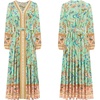image:imageRVivimos Womens Long Sleeve Boho Midi Dress V Neck Floral Print Casual Button Down Loose Ruffle Beach Long Dress with BeltAqua