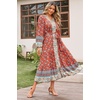 image:imageRVivimos Womens Long Sleeve Boho Midi Dress V Neck Floral Print Casual Button Down Loose Ruffle Beach Long Dress with BeltAurorared