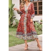 image:imageRVivimos Womens Long Sleeve Boho Midi Dress V Neck Floral Print Casual Button Down Loose Ruffle Beach Long Dress with BeltAurorared