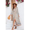 image:imageRVivimos Womens Long Sleeve Boho Midi Dress V Neck Floral Print Casual Button Down Loose Ruffle Beach Long Dress with BeltBeige
