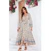 image:imageRVivimos Womens Long Sleeve Boho Midi Dress V Neck Floral Print Casual Button Down Loose Ruffle Beach Long Dress with BeltBeige