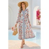 image:imageRVivimos Womens Long Sleeve Boho Midi Dress V Neck Floral Print Casual Button Down Loose Ruffle Beach Long Dress with BeltBeigeblue