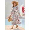 image:imageRVivimos Womens Long Sleeve Boho Midi Dress V Neck Floral Print Casual Button Down Loose Ruffle Beach Long Dress with BeltBeigeblue