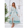 image:imageRVivimos Womens Long Sleeve Boho Midi Dress V Neck Floral Print Casual Button Down Loose Ruffle Beach Long Dress with BeltBlueturquoise