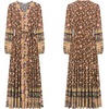 image:imageRVivimos Womens Long Sleeve Boho Midi Dress V Neck Floral Print Casual Button Down Loose Ruffle Beach Long Dress with BeltBrown