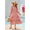 image:imageRVivimos Womens Long Sleeve Boho Midi Dress V Neck Floral Print Casual Button Down Loose Ruffle Beach Long Dress with BeltCoralpink