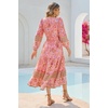 image:imageRVivimos Womens Long Sleeve Boho Midi Dress V Neck Floral Print Casual Button Down Loose Ruffle Beach Long Dress with BeltCoralpink