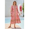 image:imageRVivimos Womens Long Sleeve Boho Midi Dress V Neck Floral Print Casual Button Down Loose Ruffle Beach Long Dress with BeltCoralpink