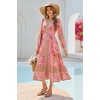 image:imageRVivimos Womens Long Sleeve Boho Midi Dress V Neck Floral Print Casual Button Down Loose Ruffle Beach Long Dress with BeltCoralpink