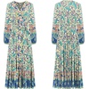 image:imageRVivimos Womens Long Sleeve Boho Midi Dress V Neck Floral Print Casual Button Down Loose Ruffle Beach Long Dress with BeltGreen