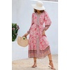 image:imageRVivimos Womens Long Sleeve Boho Midi Dress V Neck Floral Print Casual Button Down Loose Ruffle Beach Long Dress with BeltLight Pink