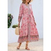 image:imageRVivimos Womens Long Sleeve Boho Midi Dress V Neck Floral Print Casual Button Down Loose Ruffle Beach Long Dress with BeltLight Pink