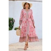 image:imageRVivimos Womens Long Sleeve Boho Midi Dress V Neck Floral Print Casual Button Down Loose Ruffle Beach Long Dress with BeltLight Pink