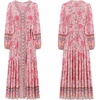 image:imageRVivimos Womens Long Sleeve Boho Midi Dress V Neck Floral Print Casual Button Down Loose Ruffle Beach Long Dress with BeltLight Pink