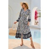image:imageRVivimos Womens Long Sleeve Boho Midi Dress V Neck Floral Print Casual Button Down Loose Ruffle Beach Long Dress with BeltSmokeblack