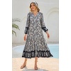 image:imageRVivimos Womens Long Sleeve Boho Midi Dress V Neck Floral Print Casual Button Down Loose Ruffle Beach Long Dress with BeltSmokeblack