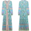 image:imageRVivimos Womens Long Sleeve Boho Midi Dress V Neck Floral Print Casual Button Down Loose Ruffle Beach Long Dress with BeltTeal