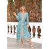 image:imageRVivimos Womens Long Sleeve Boho Midi Dress V Neck Floral Print Casual Button Down Loose Ruffle Beach Long Dress with BeltTeal